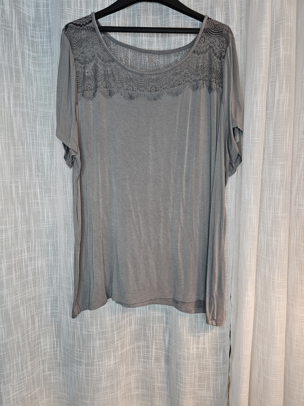 Lane Bryant Gray Scoop Neck Short Sleeve Top with Lace Yoke